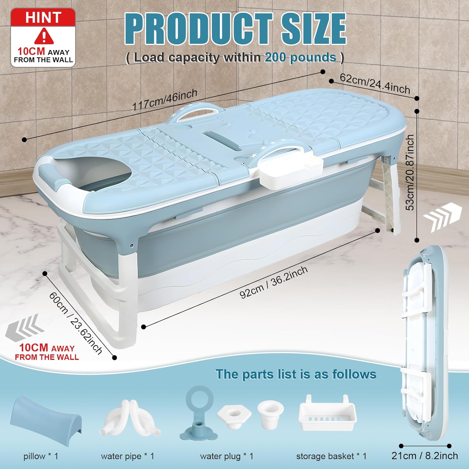 Portable Bathtub, 58/56/50/46 Inch Collapsible Bathtub, Freestanding Foldable Bathtub for Adults, Folding Tub for Shower, Hot Bath, Ice Bath Blue-B-120cm