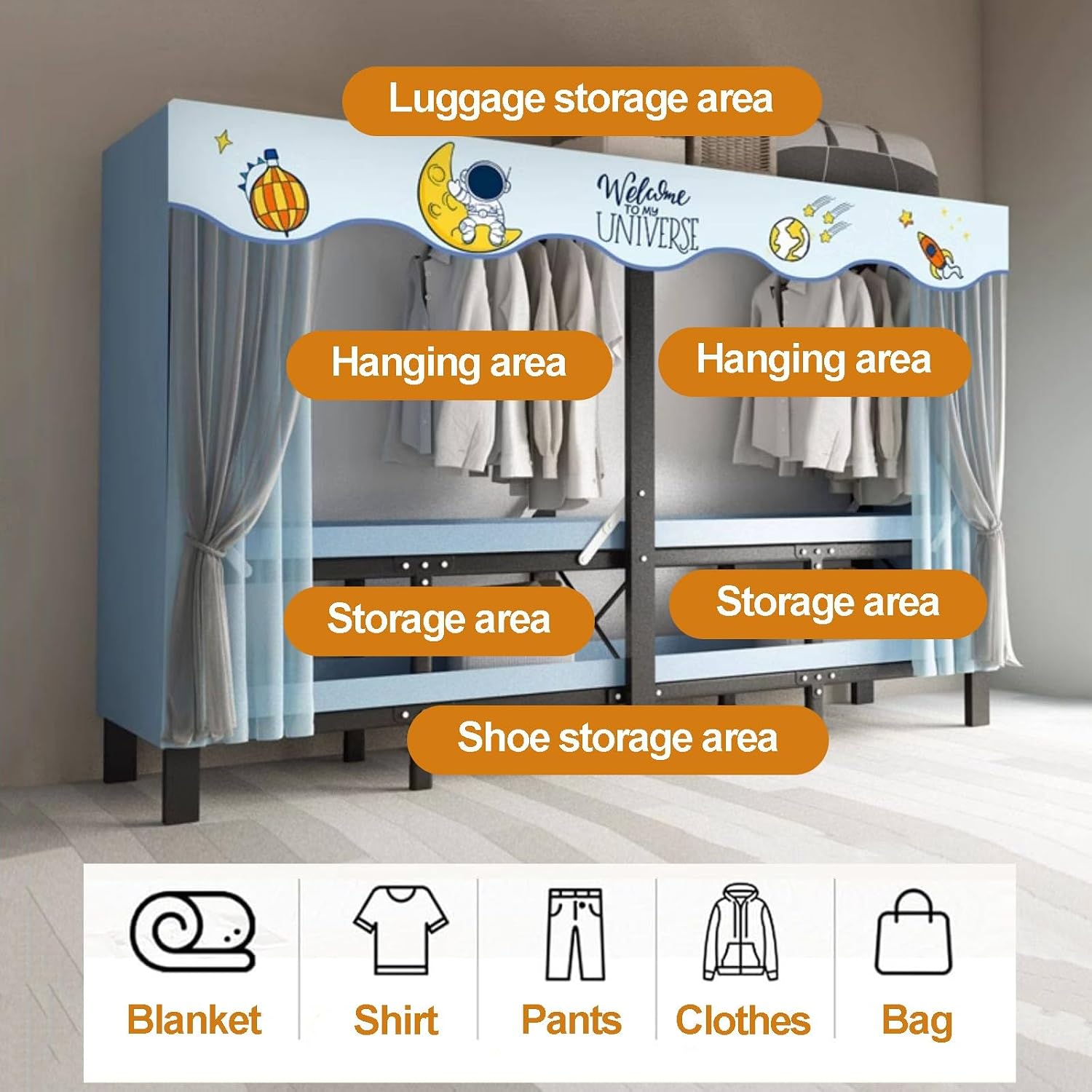 Heavy Duty Clothes Rack With Cover Foldable Closet Wardrobe Metal Clothing Rack Portable Garment Racks For Hanging Clothes Freestanding Armoire Covered Storage(Yellow2,112x46x170cm)