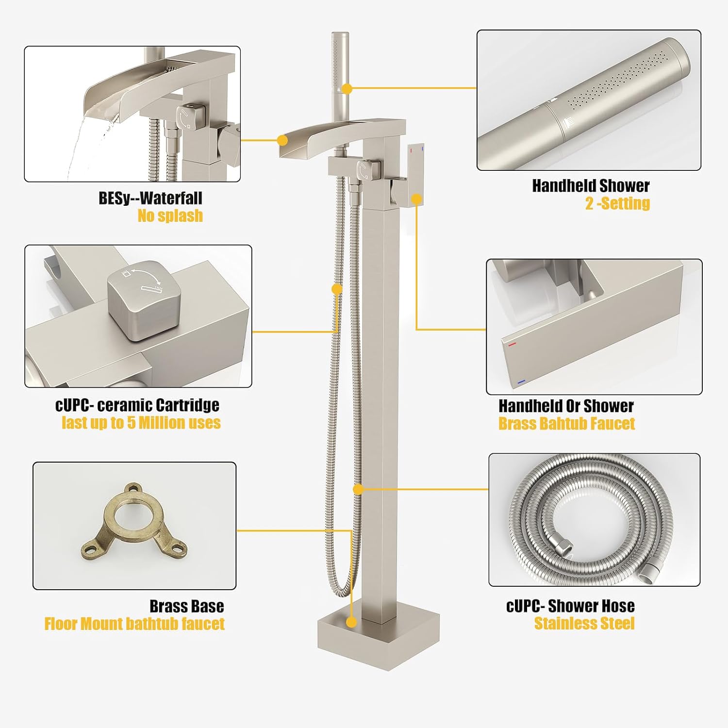 BESy Tub Filler Freestanding Bathtub Faucet Waterfall Floor Mount Brass Single Handle Bathroom Tub Faucets High Flow Bath Shower Faucets with 2 Function Handheld Sprayer Brushed Nickel