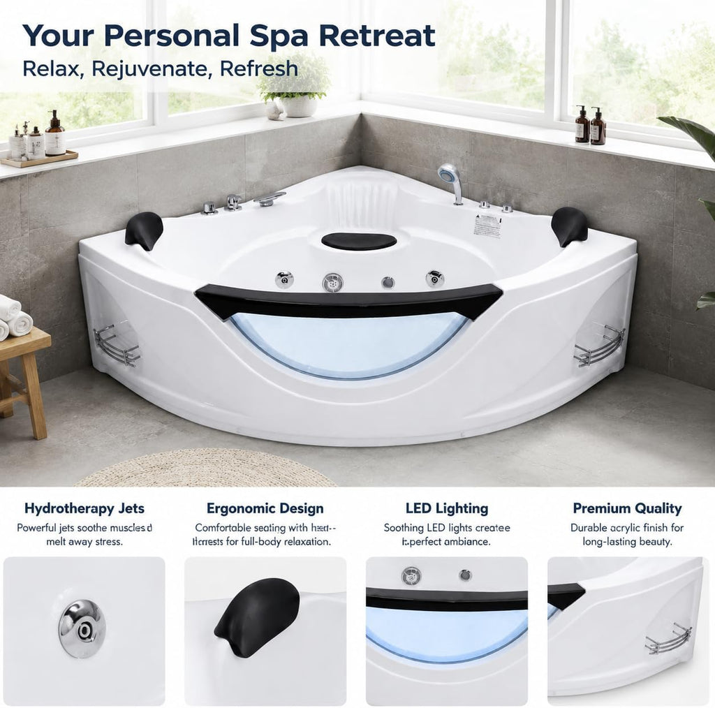 59x59 Inch Corner Bathtub for 2 Person, 6 Jet Whirlpool Tub withChromatherapy LED Lights, Acrylic Soaking Tub with Hydro Massage, Includes Faucet & 2 Bath Pillows