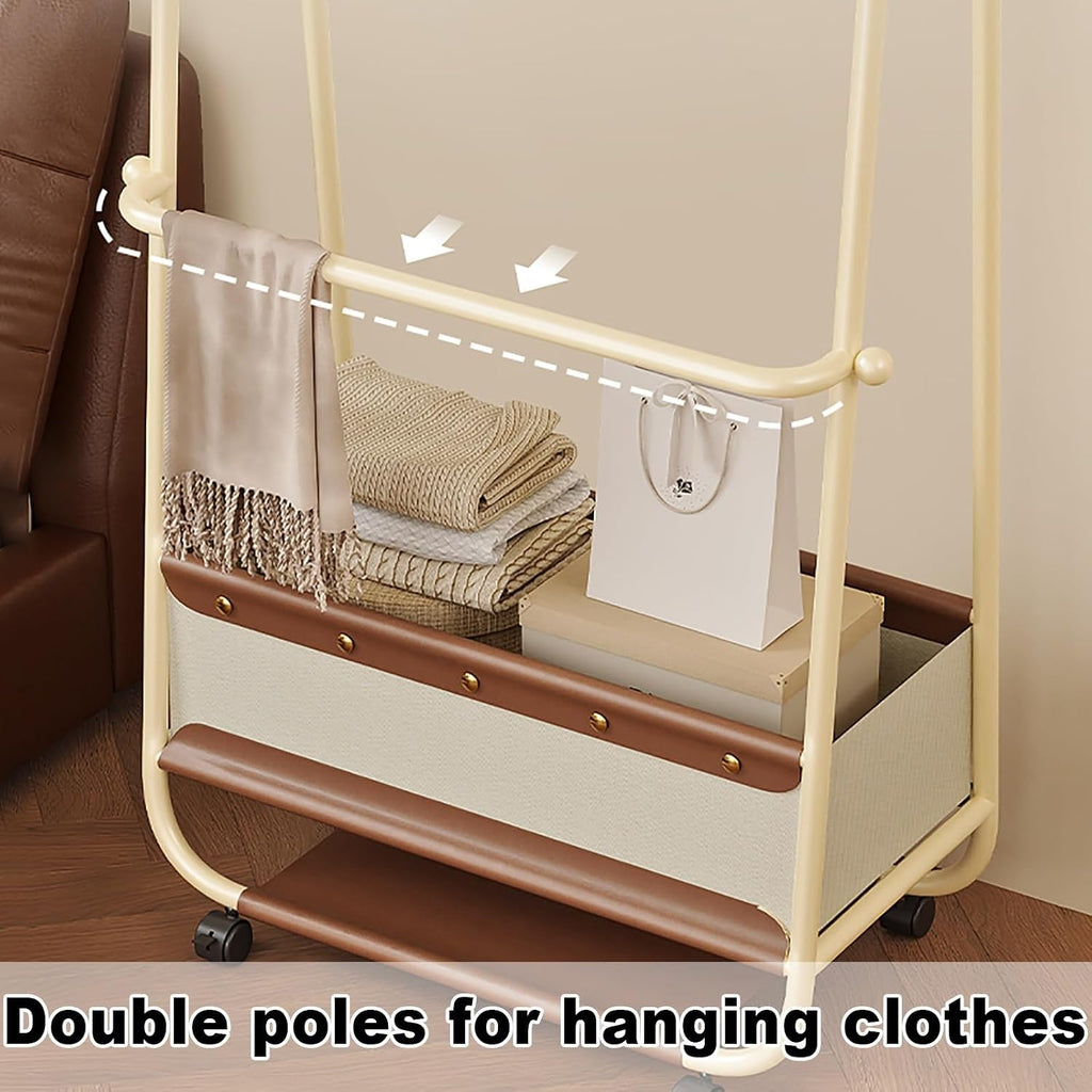 Double Rods Clothes Rack With Wheels, Heavy Duty Garment Rack, Metal Freestanding Clothing Organizer, Wardrobe Racks For Bedroom Living Room Laundry Balcony(60cm/23.6in)