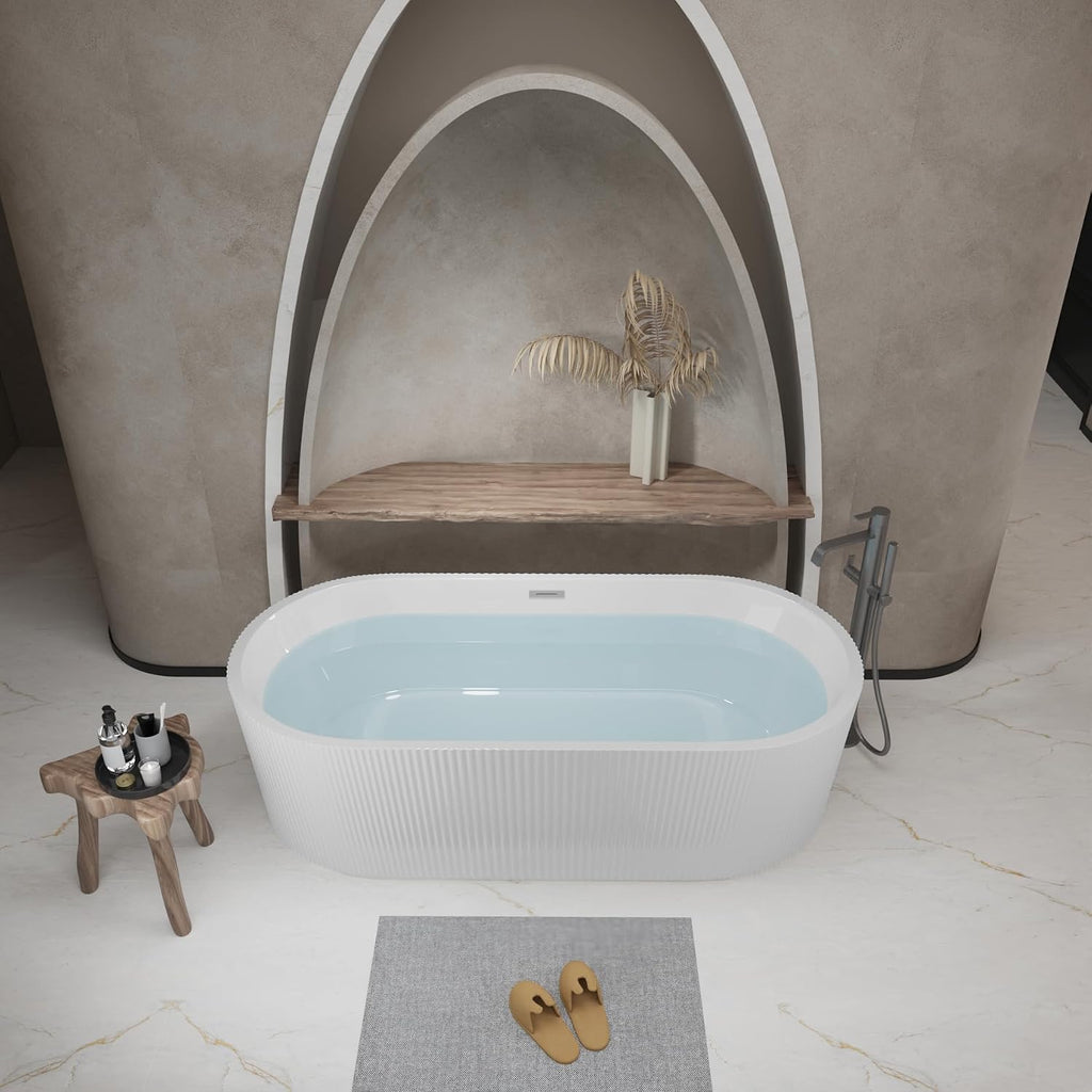 KEIKI 59' Freestanding Acrylic Soaking Bathtub, Modern Minimalist Bathroom Oval Deep Soak Tub, cUPC Certified,Toe-tap Chrome Drain,Glossy White