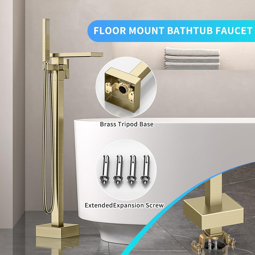 Freestanding Bathtub Faucet with Handheld Spray Single,High Flow Waterfall Bath Shower Faucet,Floor Mount Bathtub Faucet Swivel Flat Waterfall Spout Brushed Gold