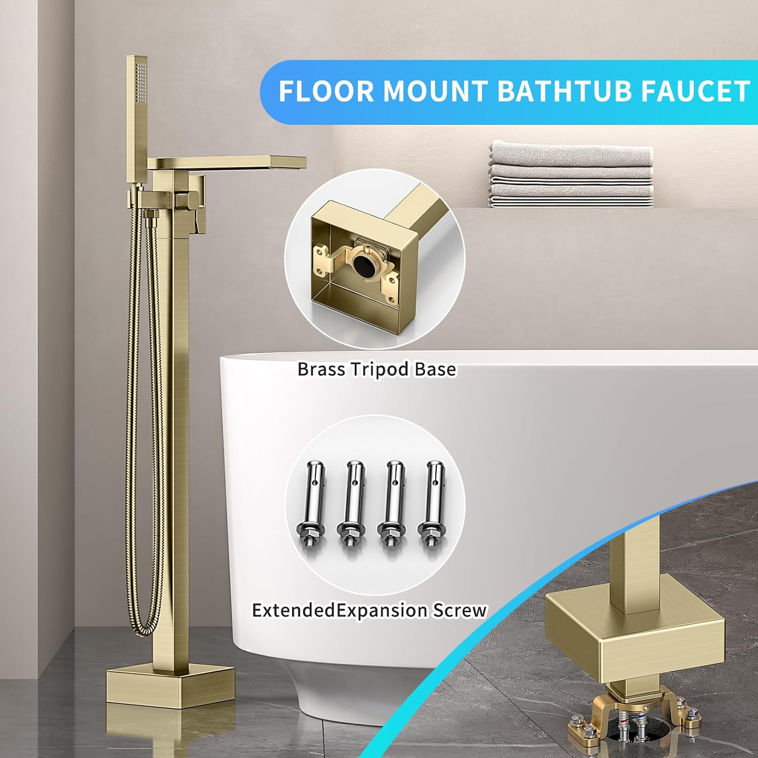 Freestanding Bathtub Faucet with Handheld Spray Single,High Flow Waterfall Bath Shower Faucet,Floor Mount Bathtub Faucet Swivel Flat Waterfall Spout Brushed Gold