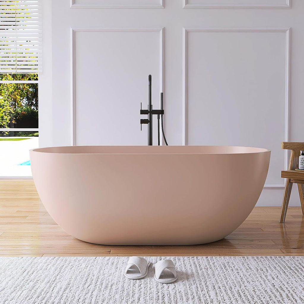 59' Resin Stone Free Standing Tub Bathtubs, Soaking Tub with Solid Surface, Bathroom Freestanding Bathtub with Overflow and Drain, Pink