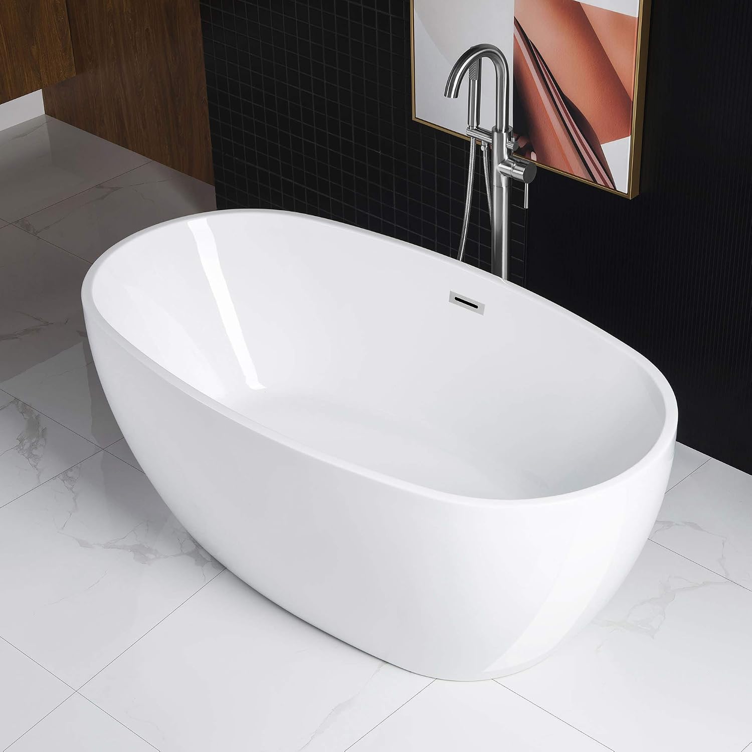 WOODBRIDGE 59' Acrylic Freestanding Bathtub Contemporary Soaking White Tub with Chrome Overflow and Drain,B0018-C