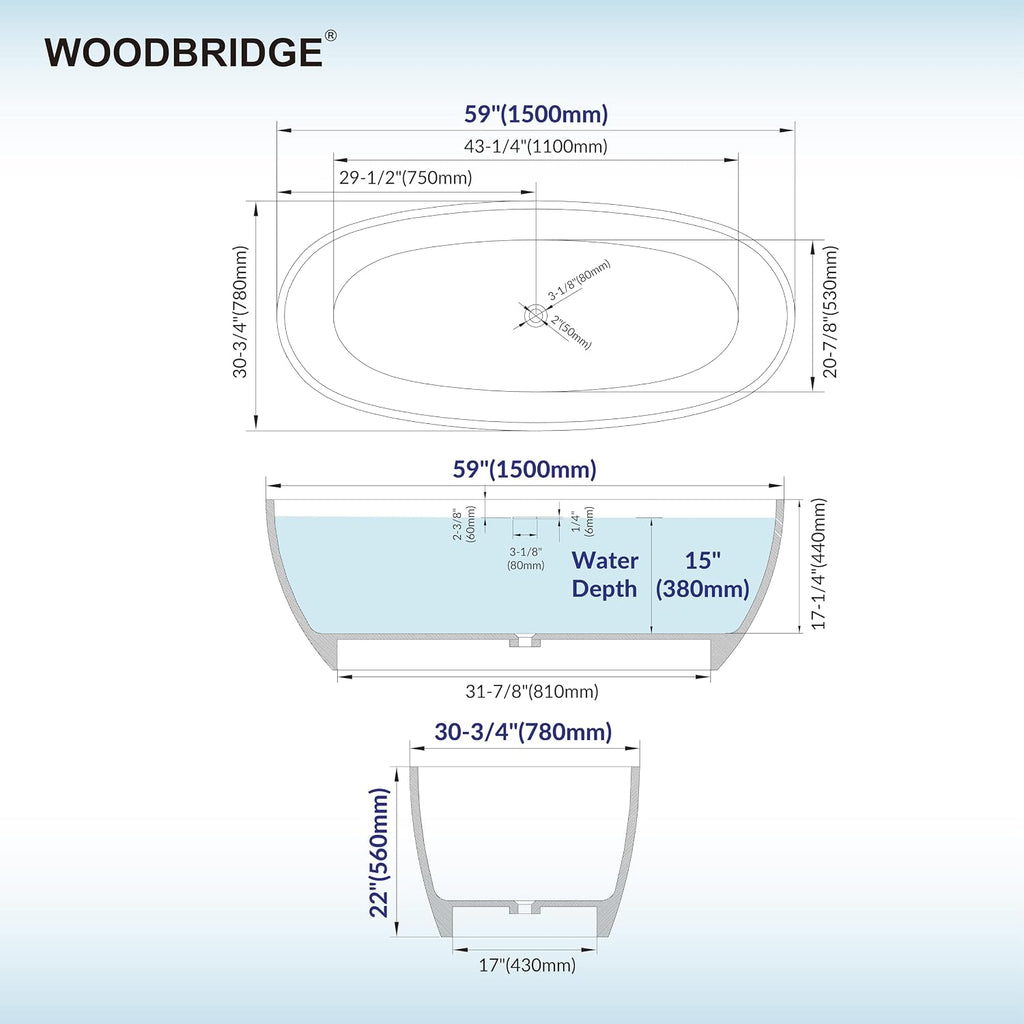 WOODBRIDGE 59' Stone Resin Freestanding Soaking Tub, Modern Oval Solid Surface Bathtub with Integrated Slotted Overflow & Drain, Matte White, B0055