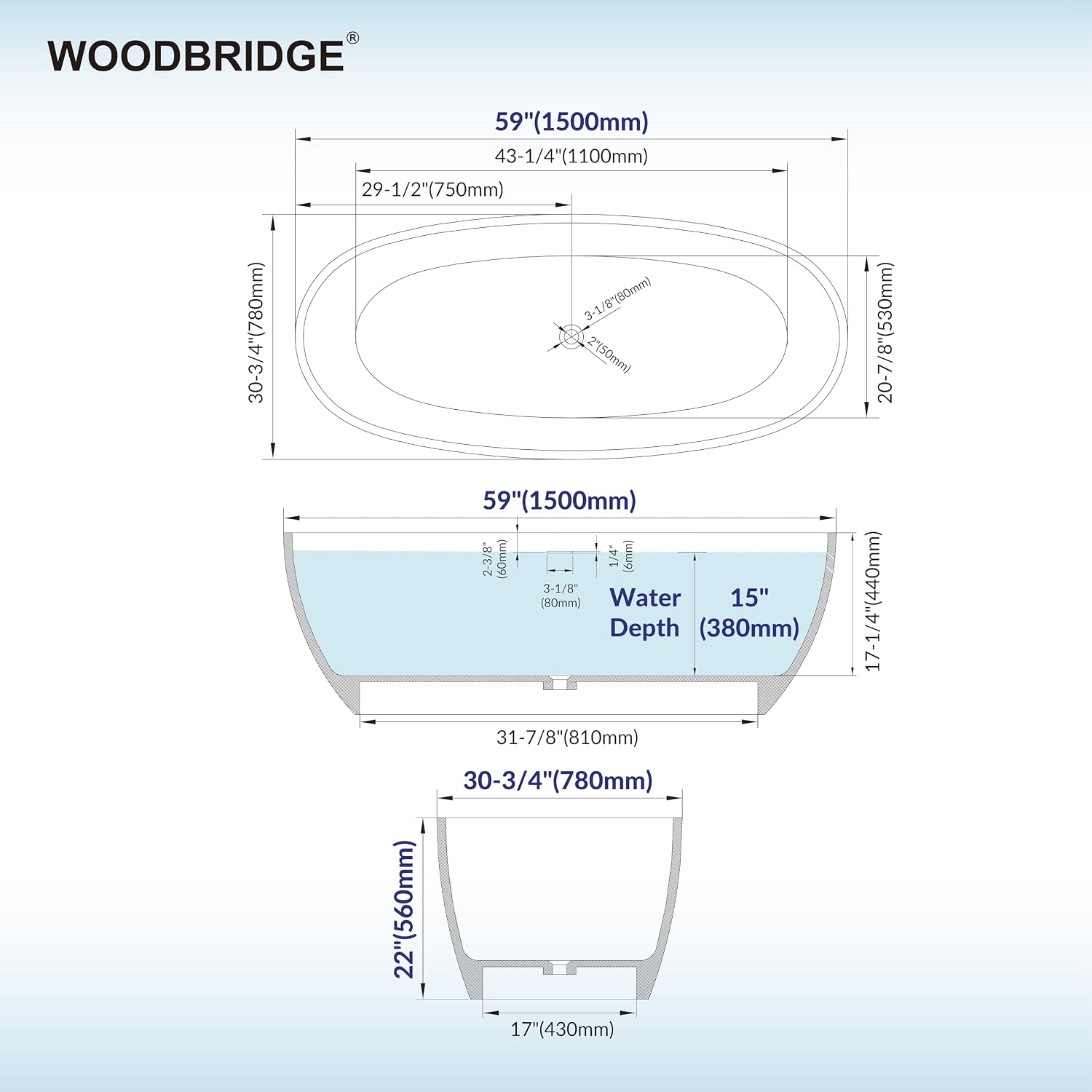 WOODBRIDGE 59' Stone Resin Freestanding Soaking Tub, Modern Oval Solid Surface Bathtub with Integrated Slotted Overflow & Drain, Matte White, B0055