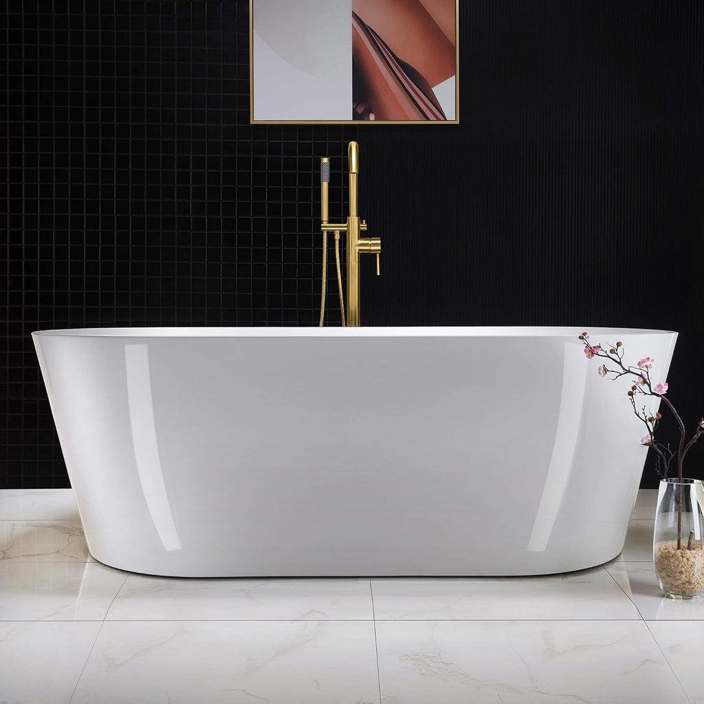 WOODBRIDGE 67' Acrylic Freestanding Bathtub Contemporary Soaking White Tub with Brushed Gold Overflow and Drain，B0013 -BG-Drain &O
