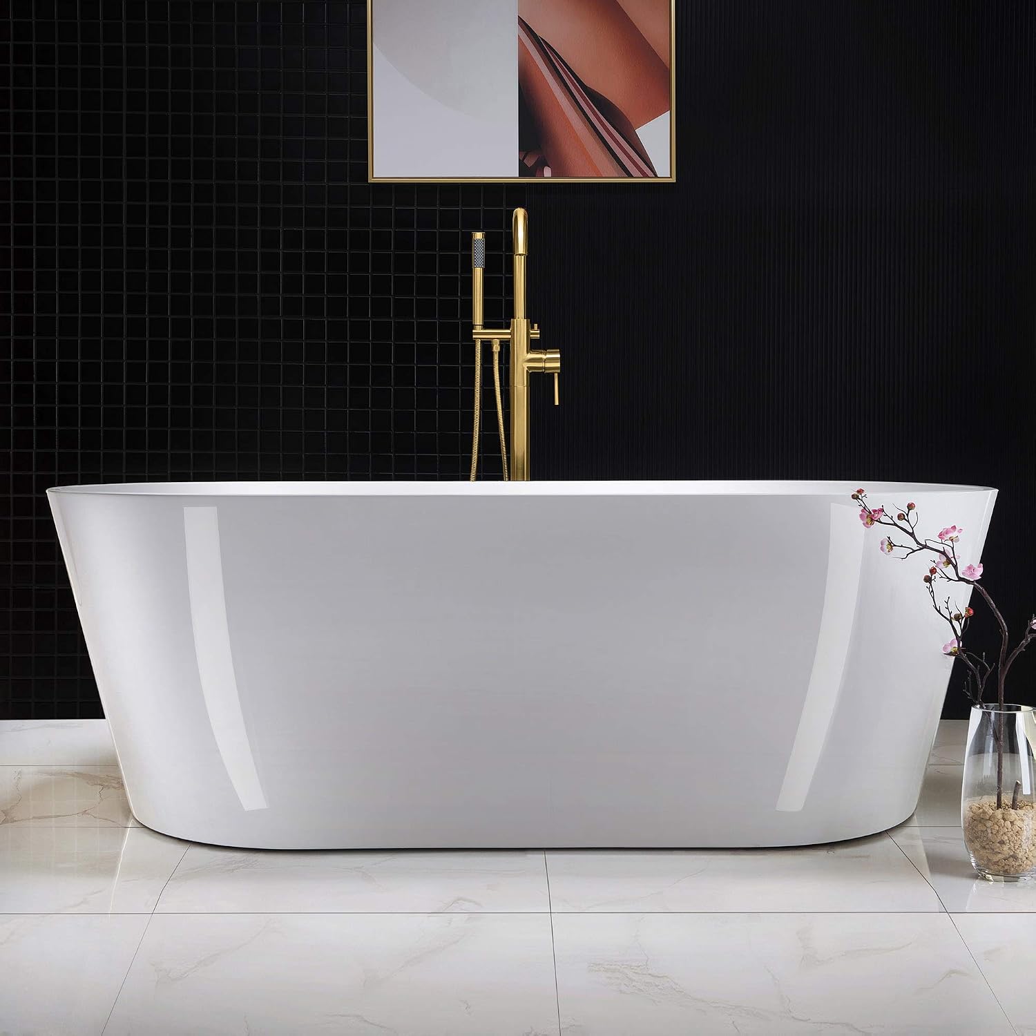 WOODBRIDGE 67' Acrylic Freestanding Bathtub Contemporary Soaking White Tub with Brushed Gold Overflow and Drain，B0013 -BG-Drain &O