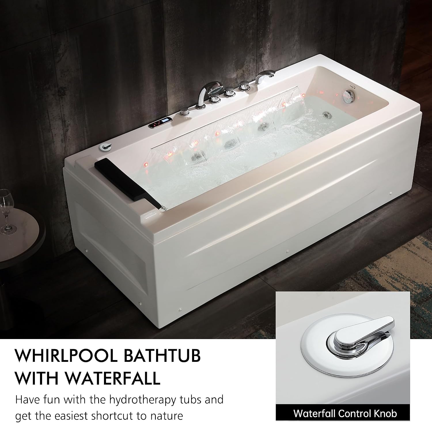 Empava Acrylic Whirlpool Bathtub, 67' Jetted Tub with Heater, Hydro Massage & Chromatherapy, White Modern Freestanding Jetted Air Bathtub