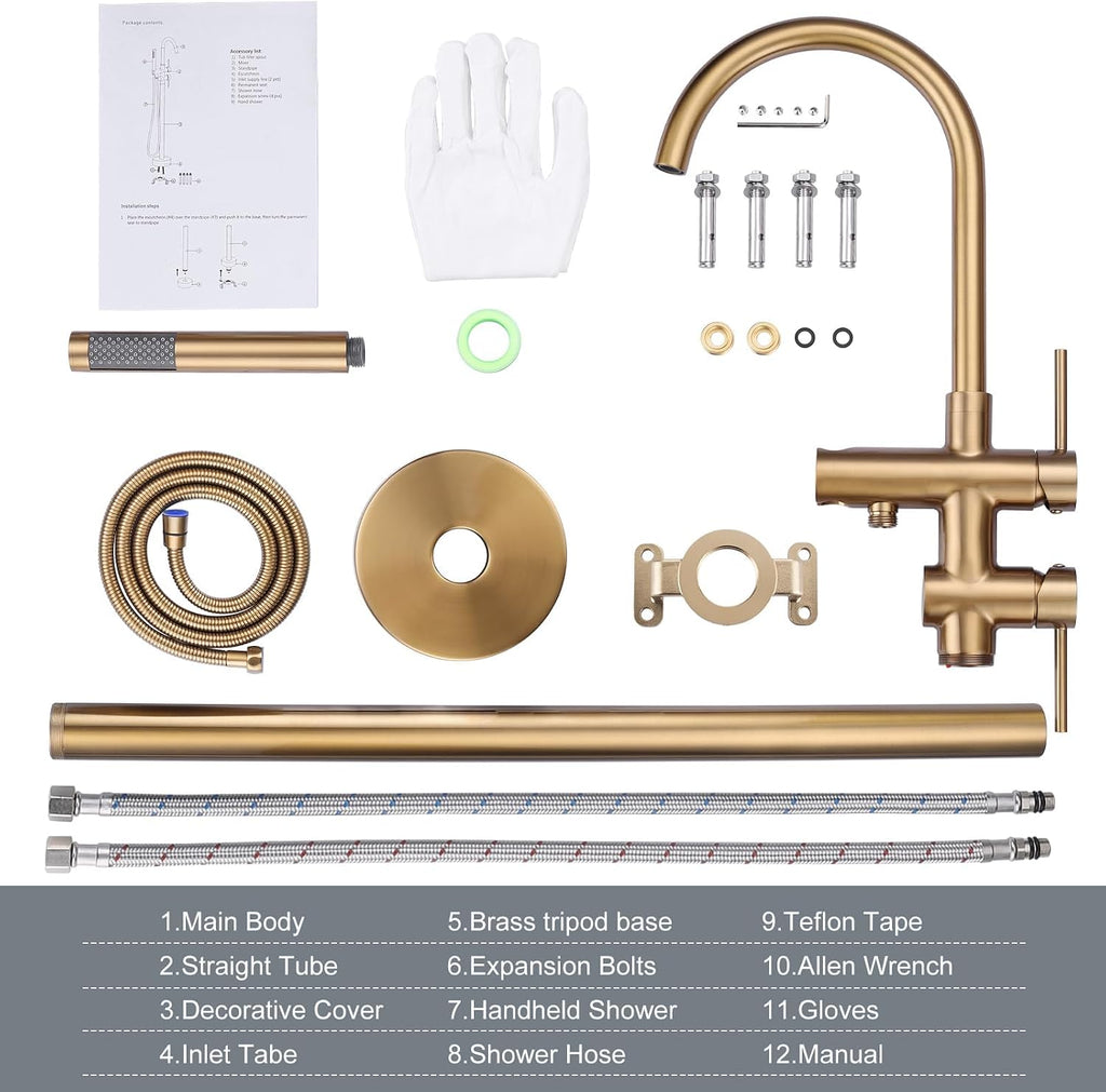 Freestanding Tub Filler Faucet, Floor Mount Brushed Gold Bathtub Faucet with Single Handheld Shower, Brass Shower Tub Faucet Set Complete, Bathtub Faucet with Shower