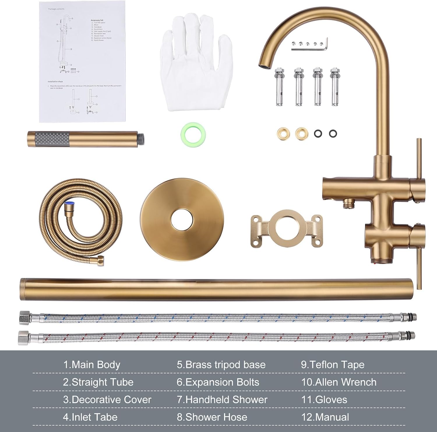 Freestanding Tub Filler Faucet, Floor Mount Brushed Gold Bathtub Faucet with Single Handheld Shower, Brass Shower Tub Faucet Set Complete, Bathtub Faucet with Shower