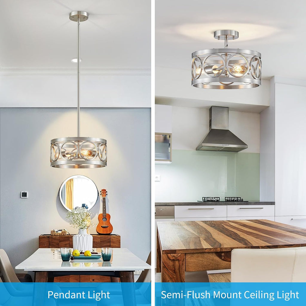 XINGQI Brushed Nickel 3-Light Rustic Ceiling Light Modern Adjustable Height Pendant Lighting Fixture Antique Drum Lamp for Living Room Bedroom Entryway Corridors 13'
