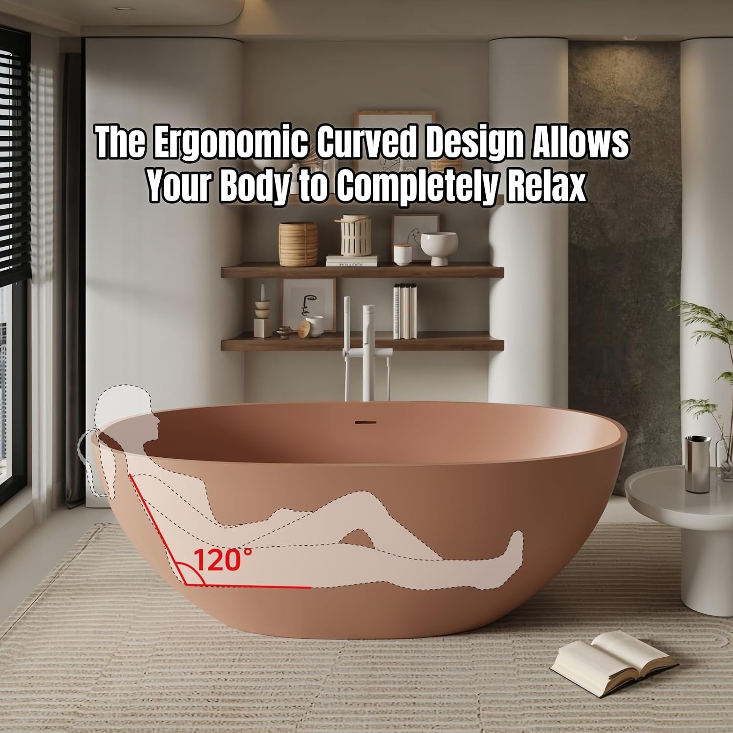 68' Edeyeu Freestanding Bathtub - Oval Deep Soaking Tub with Engineered Stone Build, Ergonomic Backrest and Heat-Retaining Layers, Luxury Solid Surface Bathtub for Modern Bathrooms Orange