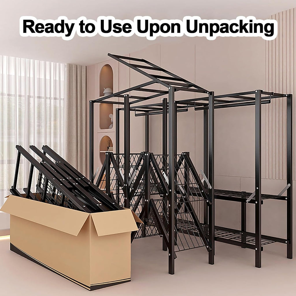 Foldable Portable Wardrobe Closet With Cover, Coat Storage Garment Racks, Metal Clothing Rack For Hanging Clothes, Metal Clothes Rack For Bedroom, Dorm(Pink,200x170x45cm)