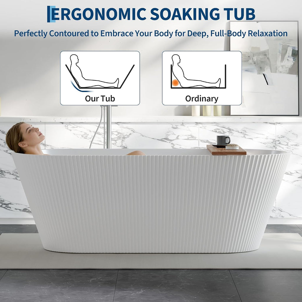 67 Inch Freestanding Acrylic Bathtub - Oval Vertical Striped Design, CUPC-Certified Bright White Soaking Tub with Chrome Drain, Overflow & Fiber-Reinforced Base, Easy Install for Modern Bathrooms