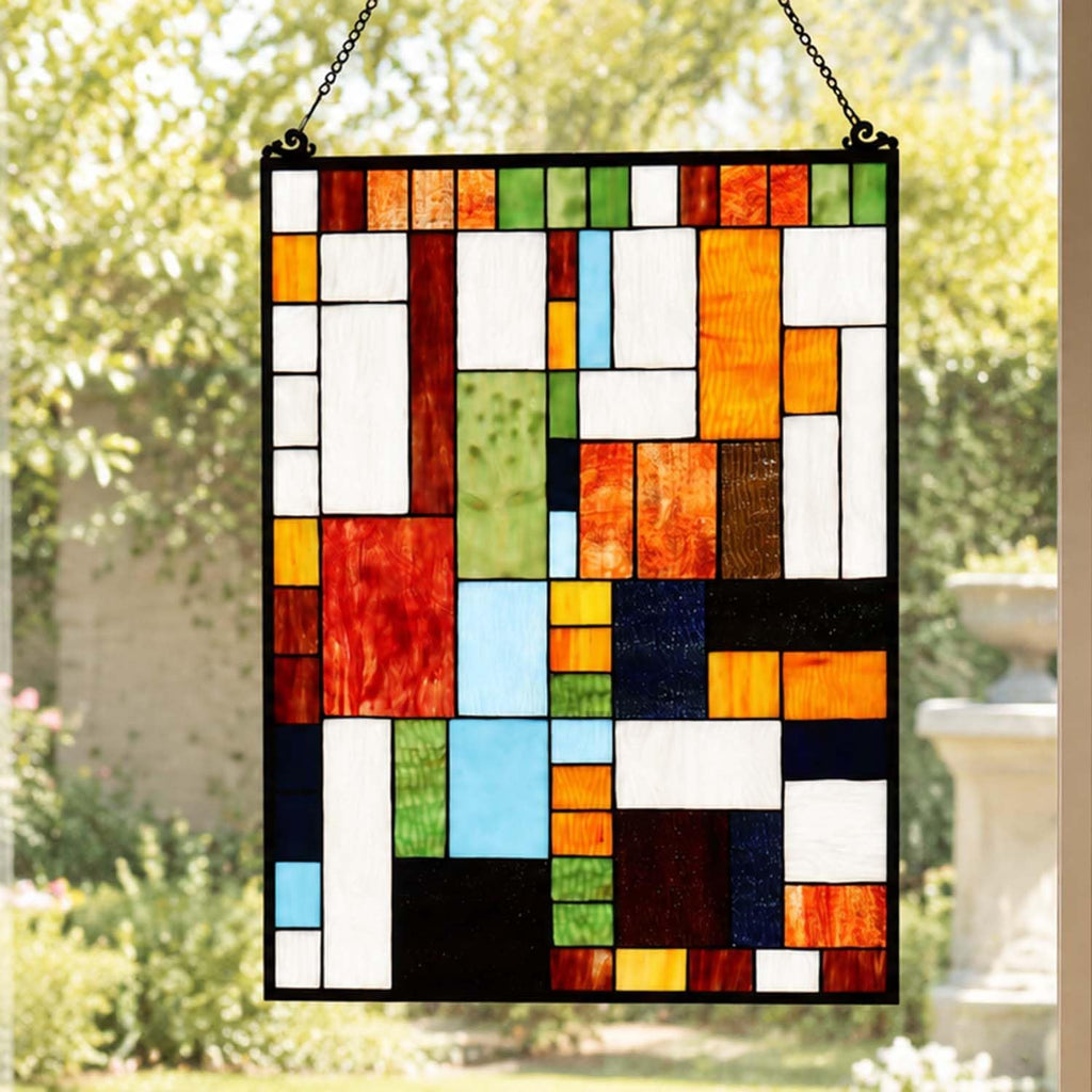 Bieye Geometric Color Block Tiffany Style Stained Glass Window Panel with Hanging Chain (18x25 inches W10092)