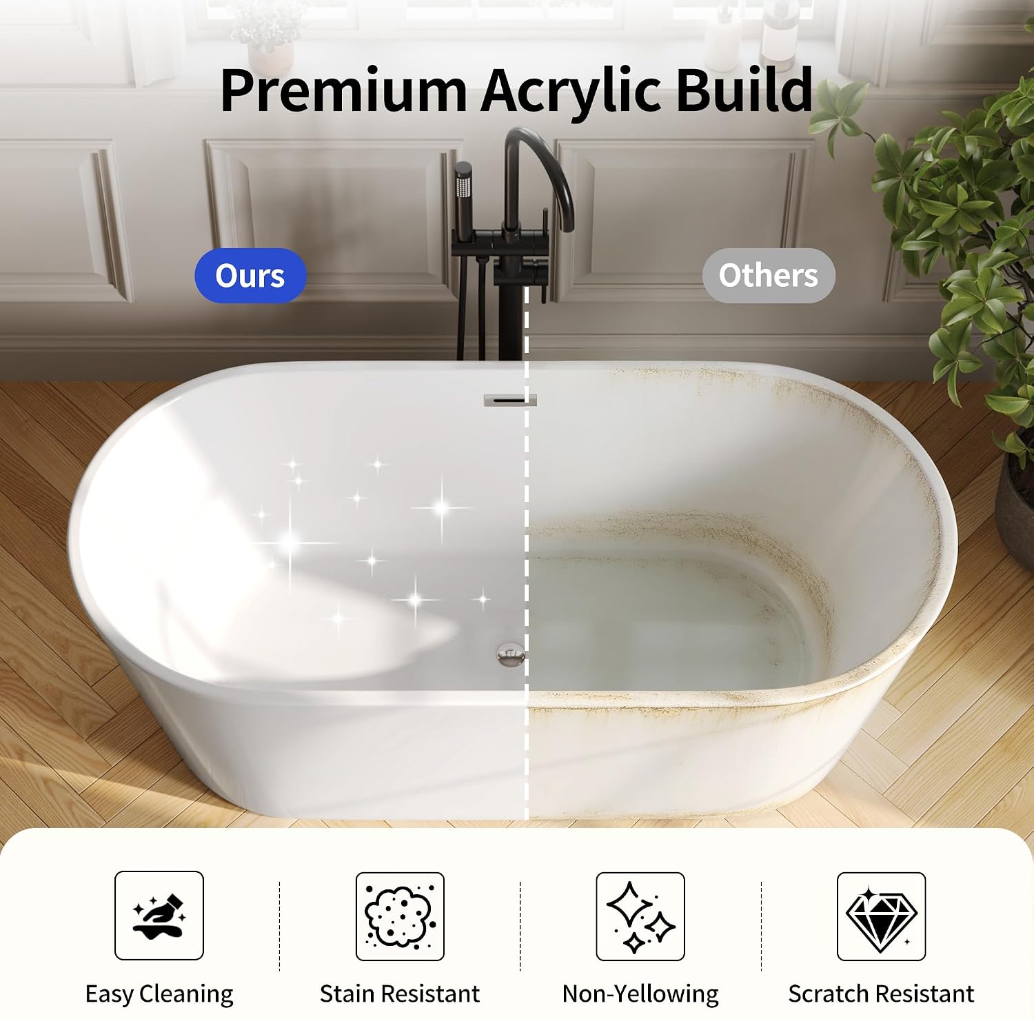 DeerValley 67' Acrylic Freestanding Bathtub, Deep Soaking Tub with Center Drain & Integrated Overflow, White Free Standing Tub, Stand alone Shower Tub with Ergonomic Design, DV-1T133S