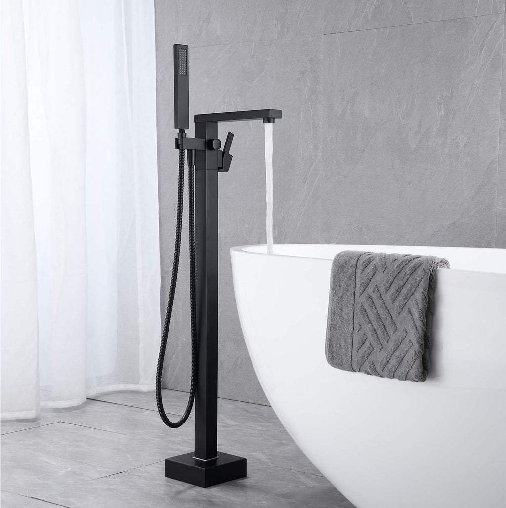 Wowkk Freestanding Bathtub Faucet Tub Filler Black Floor Mount Bathroom Faucets Brass Single Handle with Hand Shower