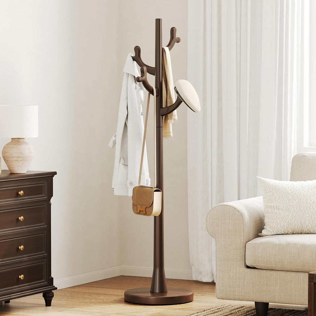 CozyDH Premium Solid Wood Freestanding Coat Rack, 4 Hooks Creative Tree Branch Look, Sturdy Standing Coat Tree for Entryway Bedroom Hallway Home Decor