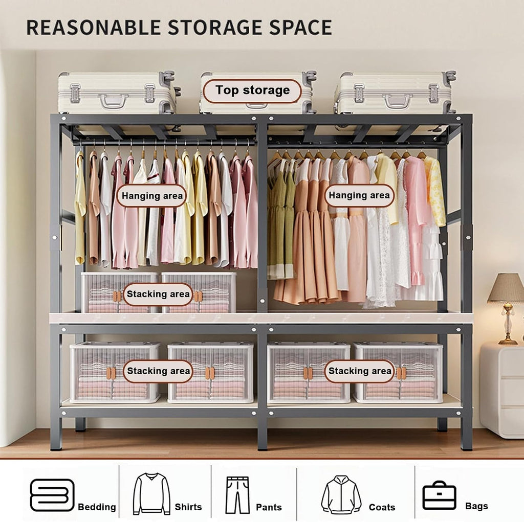 Heavy-Duty Clothes Rack On Wheel 2000lbs Foldable Portable Wardrobe with Cover for Hanging Clothes Rolling Garment Rack Clothing Coat Storage Rack for Bedroom(150cm/59in)