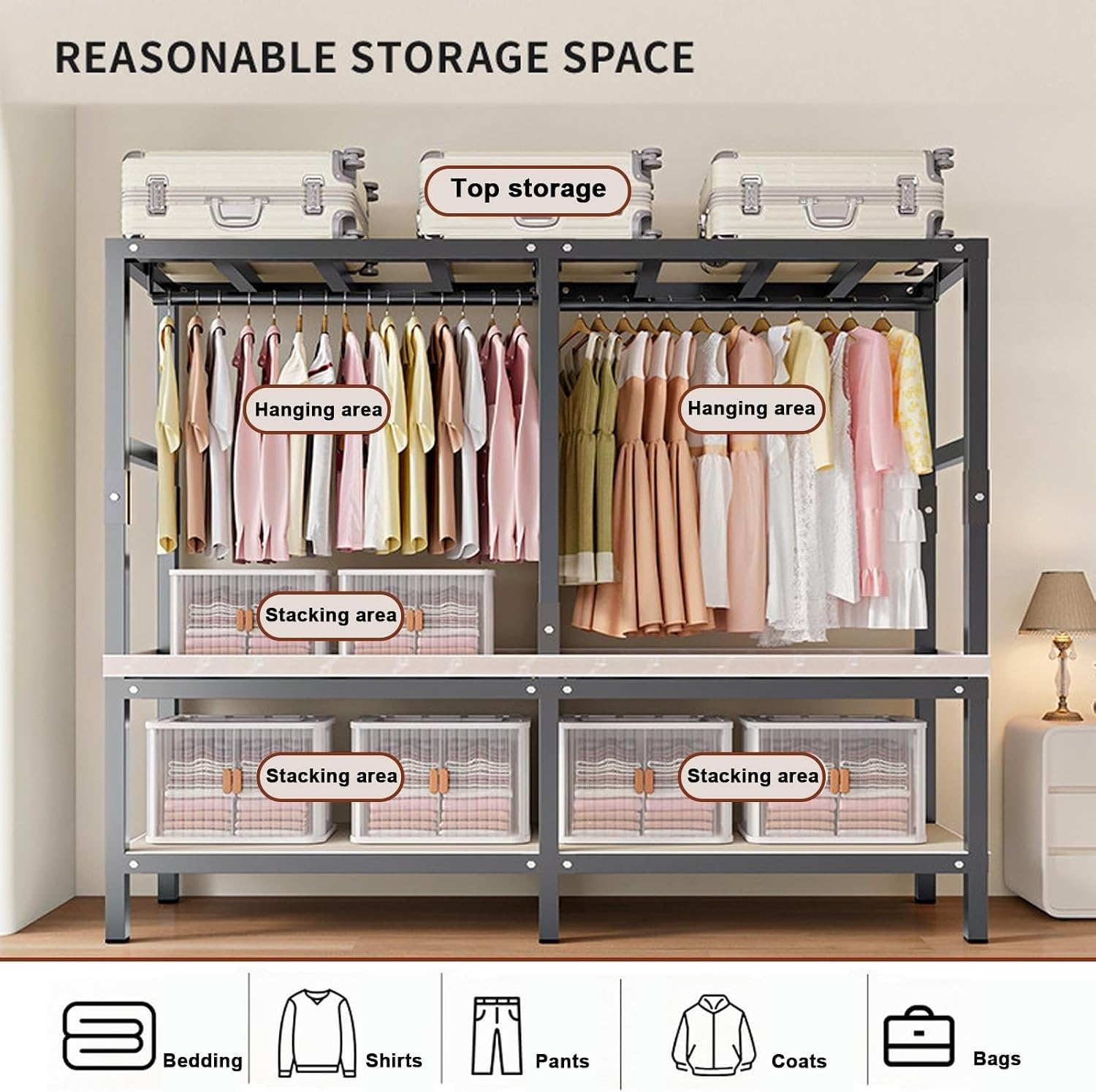 Rollable Clothes Rack, Portable Closet Clothes Rack Organizer for Hanging Clothes, Metal Clothes Rack with Wheels, Foldable Shelves, Freestanding Wardrobe with Dust Cover(125cm/49.2in)