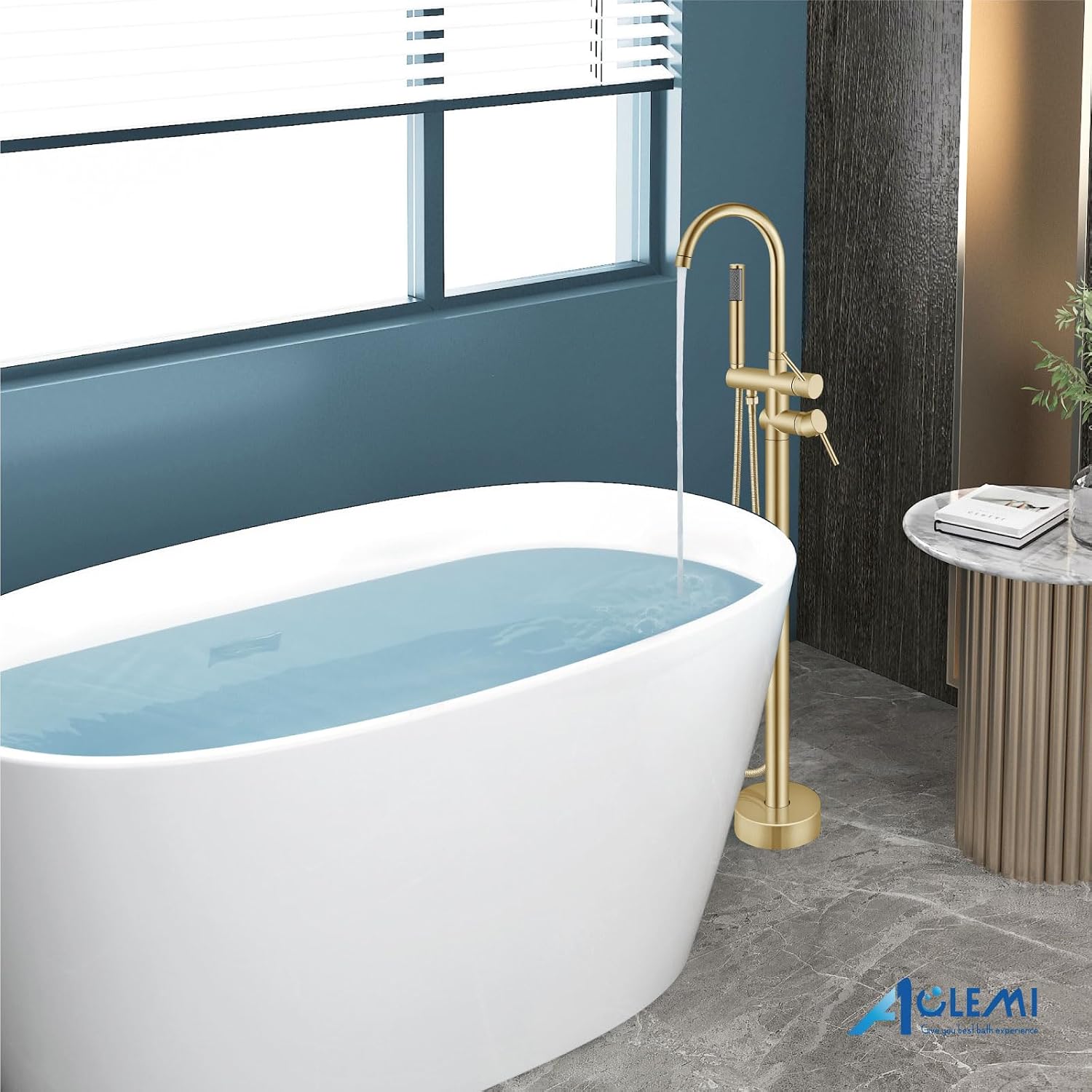 Aolemi Floor Mount Bathtub Faucet Freestanding Tub Filler Standing High Flow Shower Faucets Shower Mixer Taps, Swivel Gooseneck Spout with Cylinder Handheld Brushed Gold
