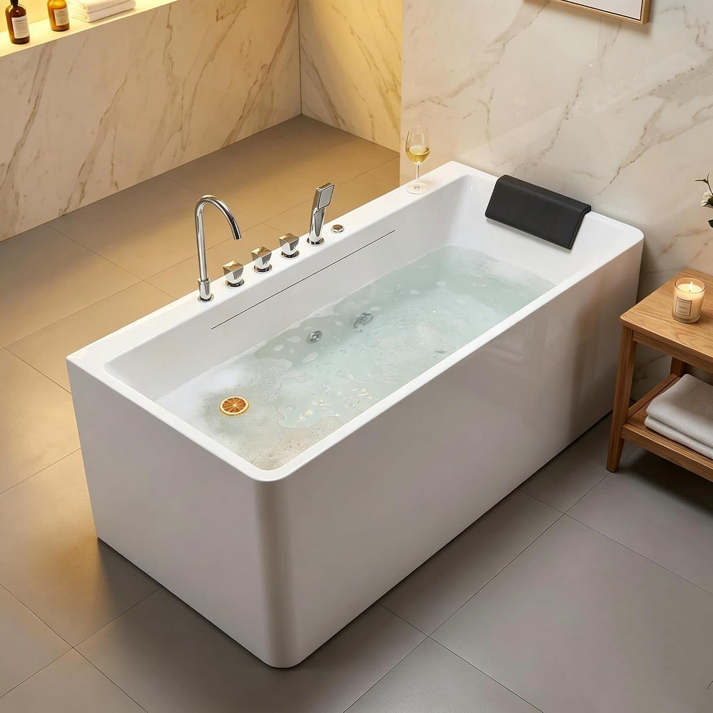 67-Inch Acrylic Single Person Whirlpool Tub with Hydrotherapy Jets, LED Chromotherapy Lights, Soft Waterfall Spout, and 63-Gallon Capacity - Luxury Soaking Home Spa.