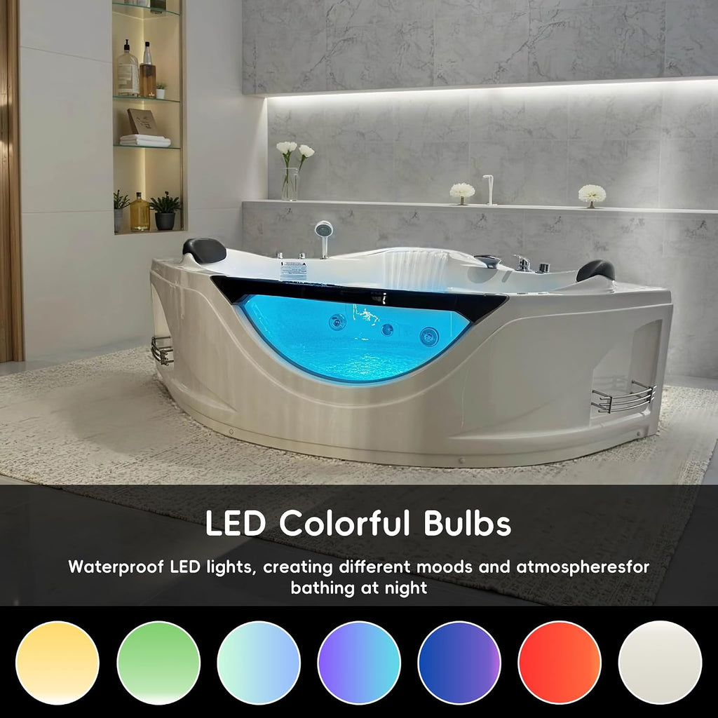 59'x59' Jetted Corner Tubs with 6 Whirlpool Nozzles, 2 Person Massage Whirlpool Bathtub with Pillows, Hydro Massage, Chromatherapy LED Lights, Certified Water Pump, Pneumatic Adjust System