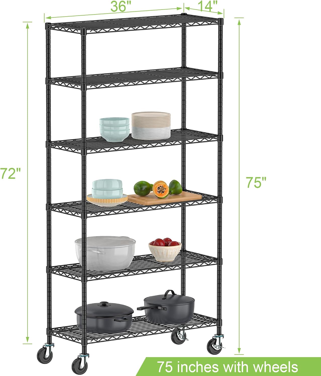 Heavy Duty Wire Metal Shelving with Wheels 6 Tier Garage Storage Utility Rolling Shelves Rack Unit Industrial Adjustable Sturdy Shelving for Kitchen Garage Pantry Bathroom Laundry