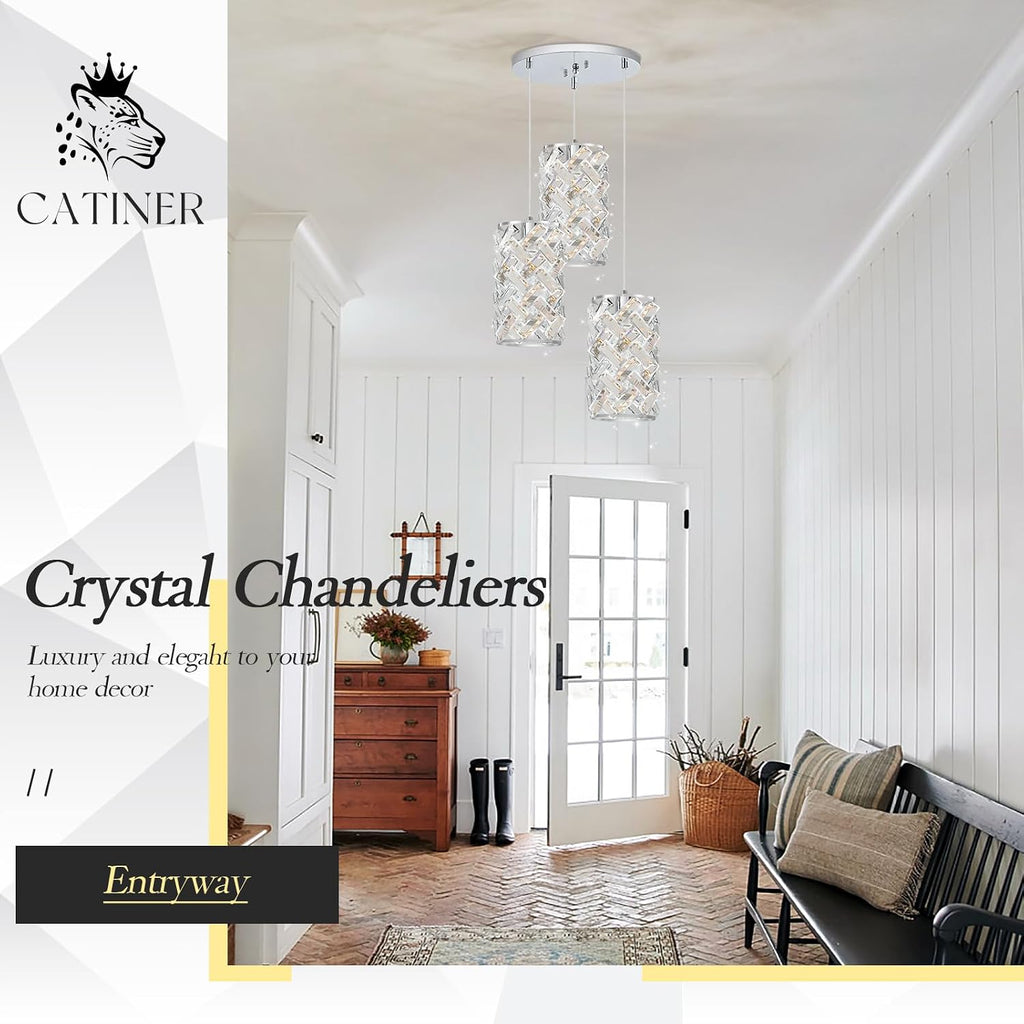 CATINER 3-Light Modern Crystal Pendant Light, Chrome Mini Chandelier – Adjustable Cluster Pendant Lighting Fixture for Kitchen Island, Dining Room, Bedroom, Hallway, Porch