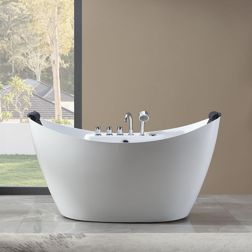 Empava 59' x 28' Freestanding Whirlpool Tub with Center Drain,560W Stand Alone Bathtub with 8 Hydromassage Jets, Unique Boat-Shaped,Acrylic,ETL Certified