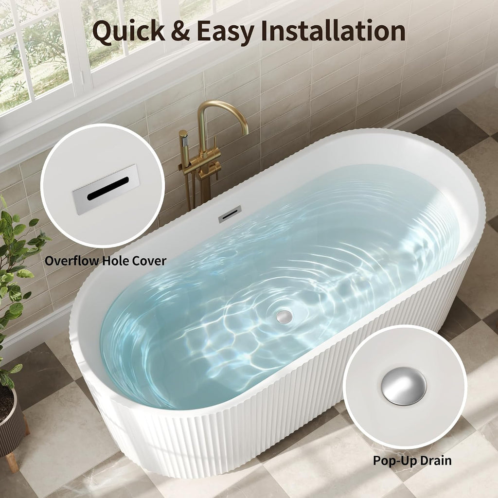 DeerValley 67' Acrylic Freestanding Bathtub, Easy Install Standalone Deep Soaking Tub with Fluted Design, Modern Ergonomic Shower Tub with Center Drain in White, DV-1T0583