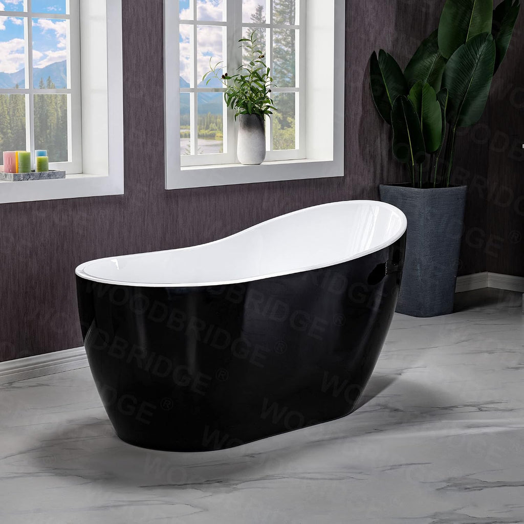 WOODBRIDGE 54' Freestanding White Acylic Soaking Bathtub with Matte Black Drain and Overflow,Black,B1807-MB