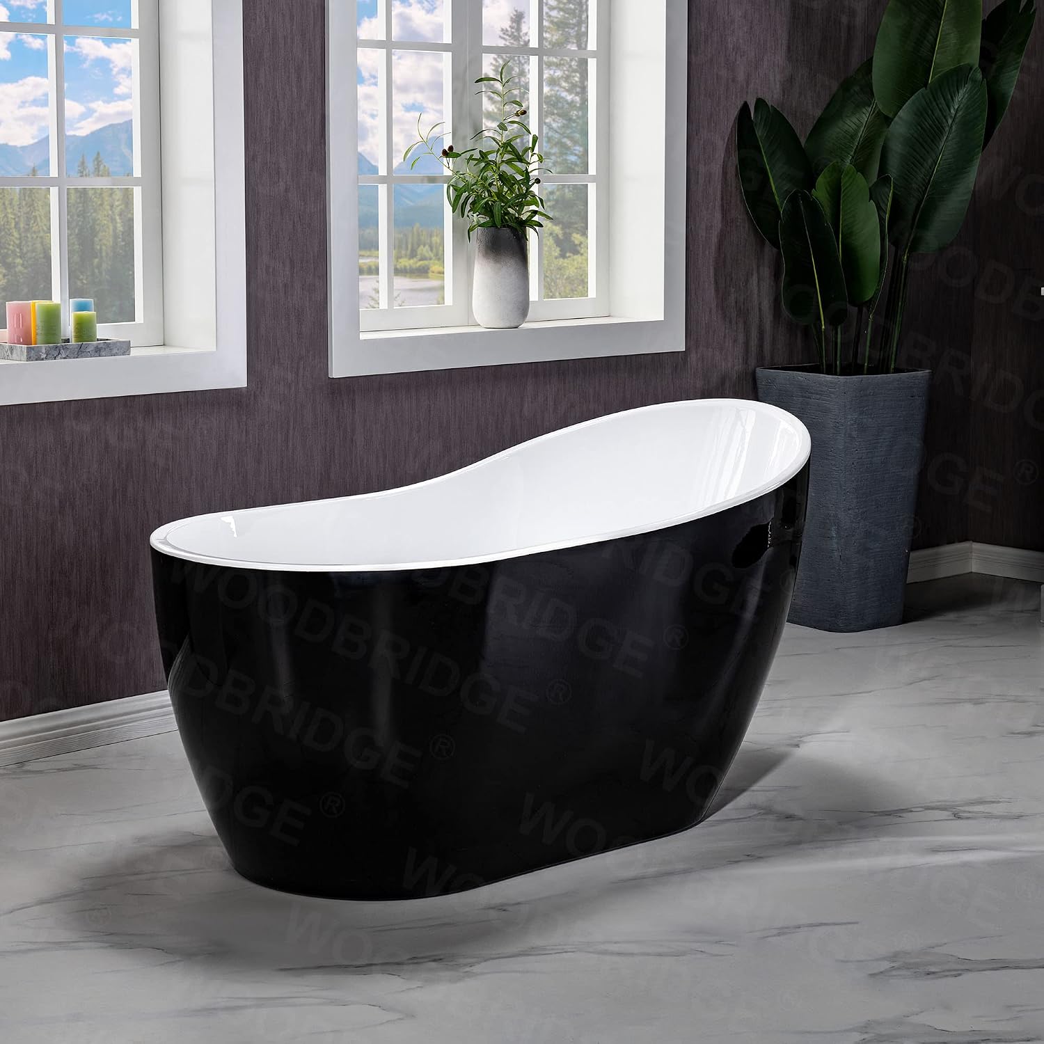 WOODBRIDGE 54' Freestanding White Acylic Soaking Bathtub with Matte Black Drain and Overflow,Black,B1807-MB