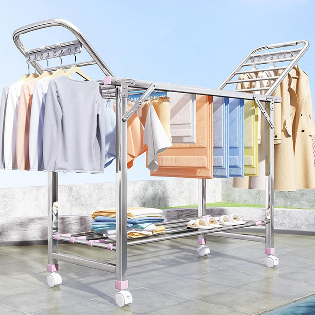 Laundry Drying Rack Collapsible,Cloths Drying Rack 2-Tier Four-Legged Clothing Rack,Portable Garment Rack with Moving Foot Wheel,Free-Standing Large Drying Rack with Height-Adjustable Wings