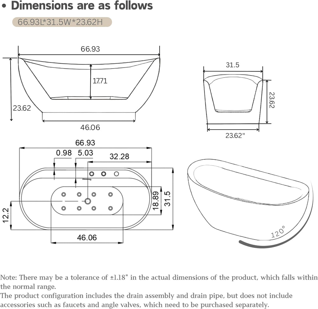 67x31.5 Inch Freestanding Jetted Whirlpool Bathtub | 6 Massage Jets, 8 Air Bubble System, Color-Changing LED Chromatherapy & Adjustable Hydro Massage