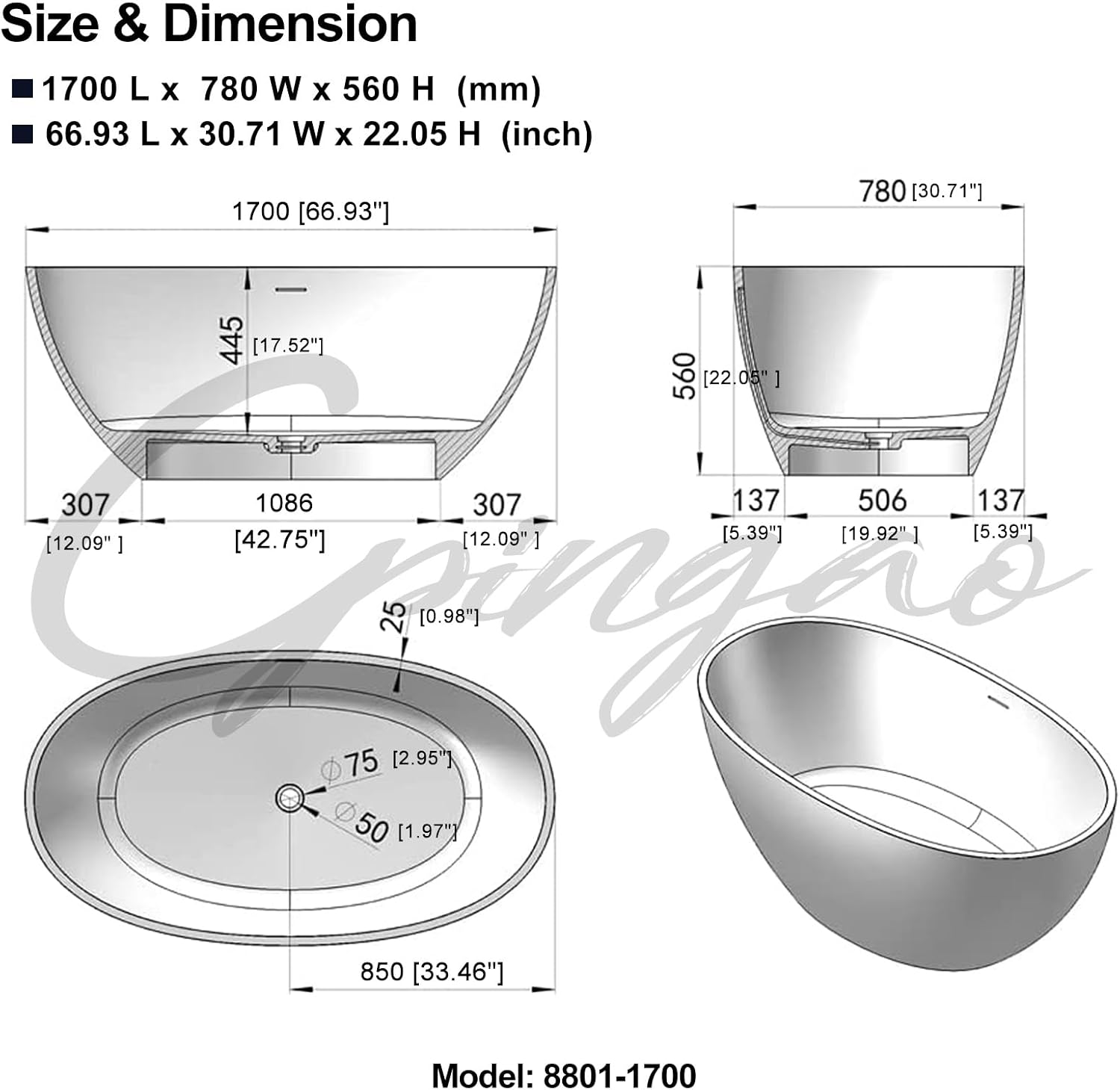 Cpingao 67' Freestanding Bathtub, Oval Shaped Stone Resin Freestanding Tubs, Solid Surface Matte White Soaking Tub with Overflow and Pop-up Drain 8801-1700