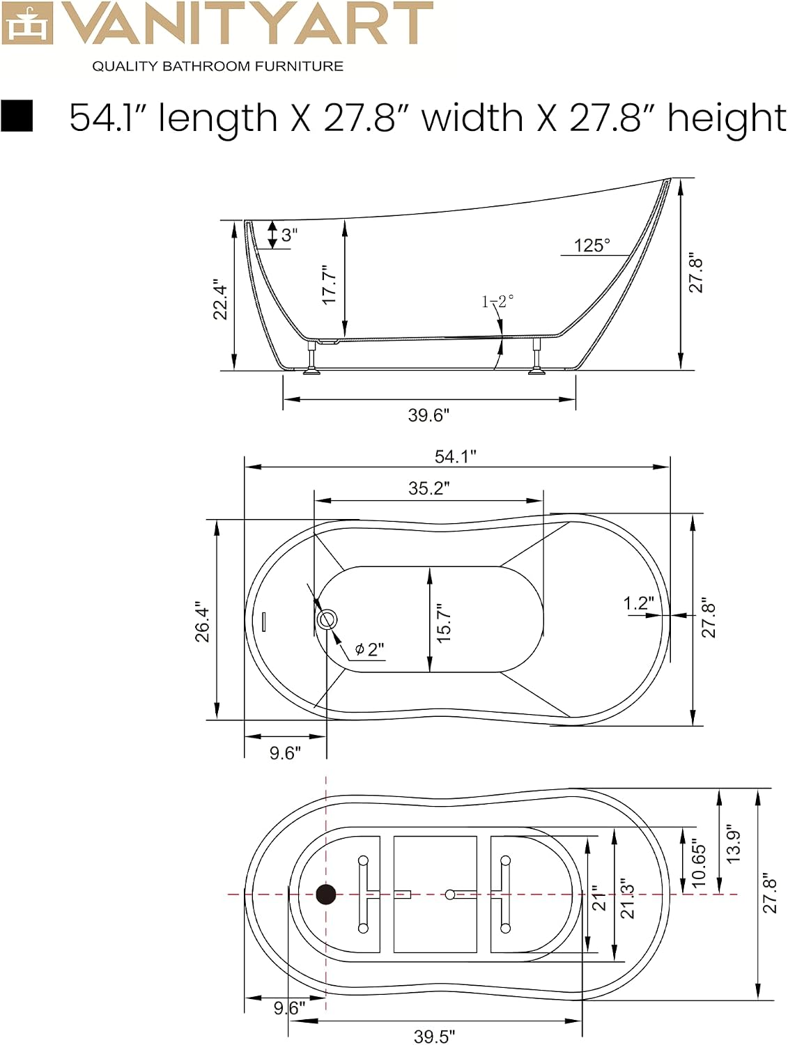 Vanity Art 54 X 28 Inch White Acrylic Freestanding Bathtub | Contemporary Design Soaking Tub with Pop-up Drain and Slotted Overflow Included, UPC Certified VA6525-MB