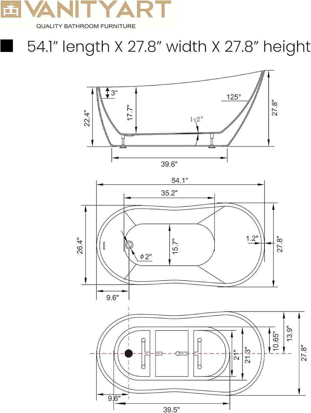 Vanity Art 54 X 28 Inch White Acrylic Freestanding Bathtub | Contemporary Design Soaking Tub with Pop-up Drain and Slotted Overflow Included, UPC Certified VA6525-ORB