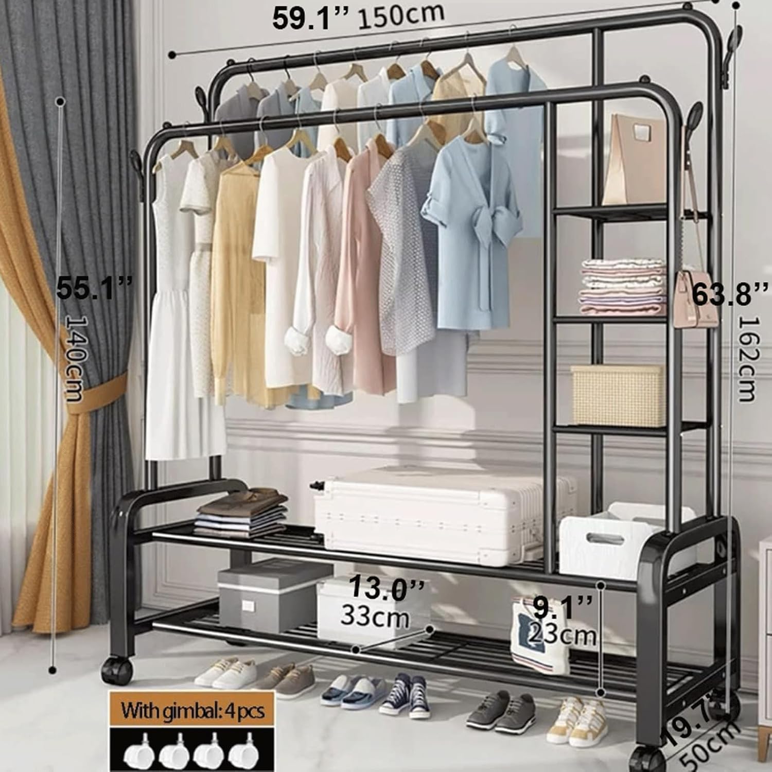 Heavy Duty Clothes Rail Rolling Garment Rack on Wheels Freestanding Metal Clothing Rack w/3-Tier Side Shelves & 2-Tier Shoe Rack for Bedroom Shop