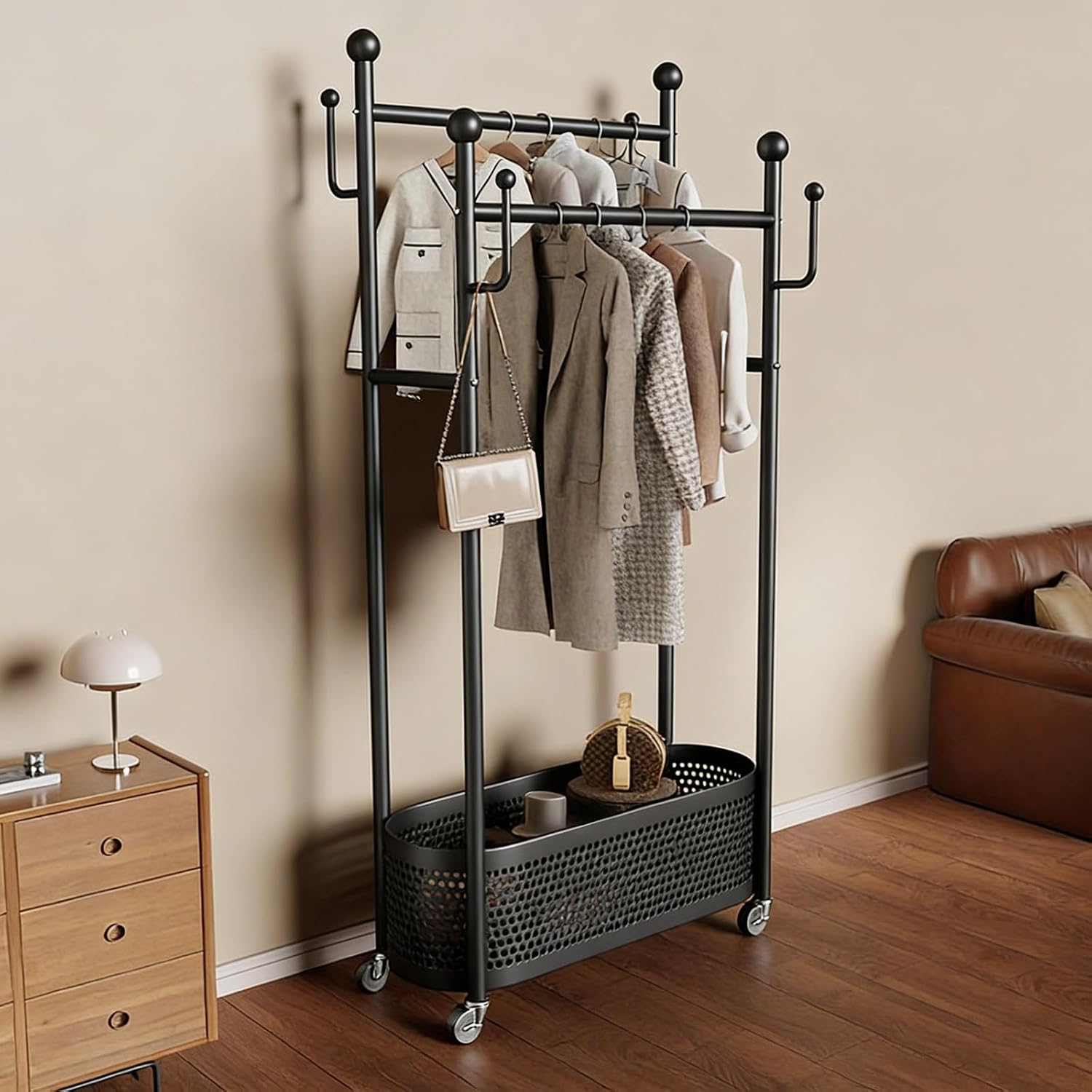 Modern Clothes Rack,Rolling Garment Rack with Storage Basket – Double Rod Clothing Organizer on Wheels for Bedroom, Closet or Entryway – Metal Coat Stand with Hooks(Black,80cm(31.5in))