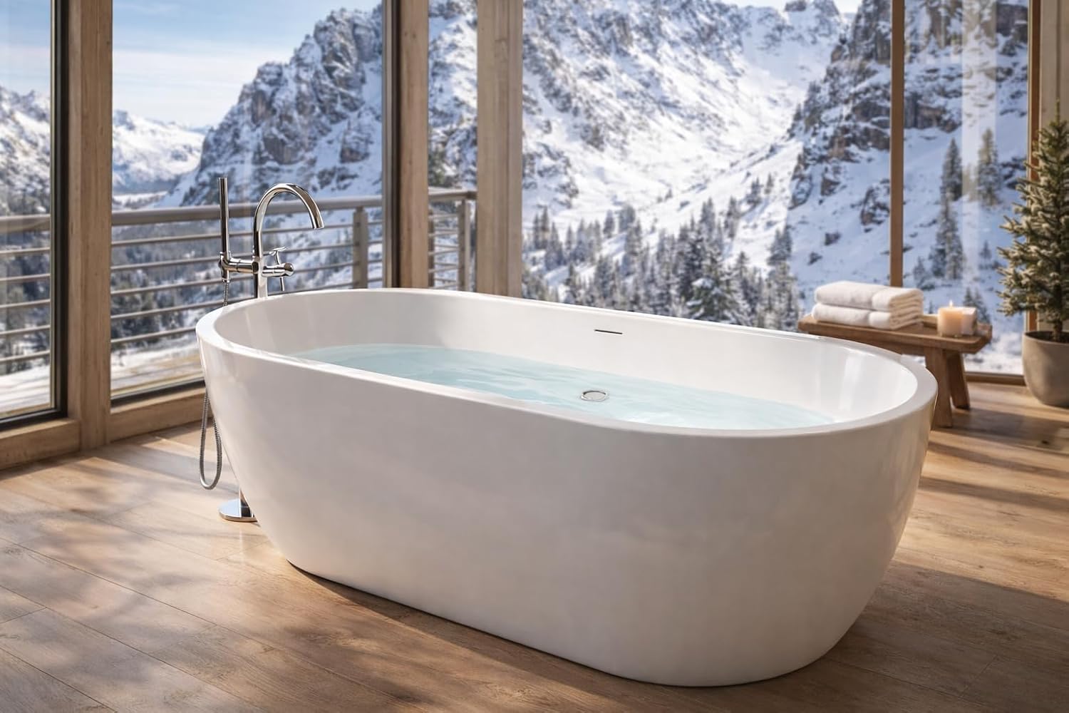 ANZZI 67 In Freestanding Acrylic Bathtub Flat Bottom Soaking Tub White Gloss Finish Integrated Overflow Modern Bathroom Mone Series 66.5 x 29.1 x 22.4 In Capacity 63.4 Gal | AMZFT903-67