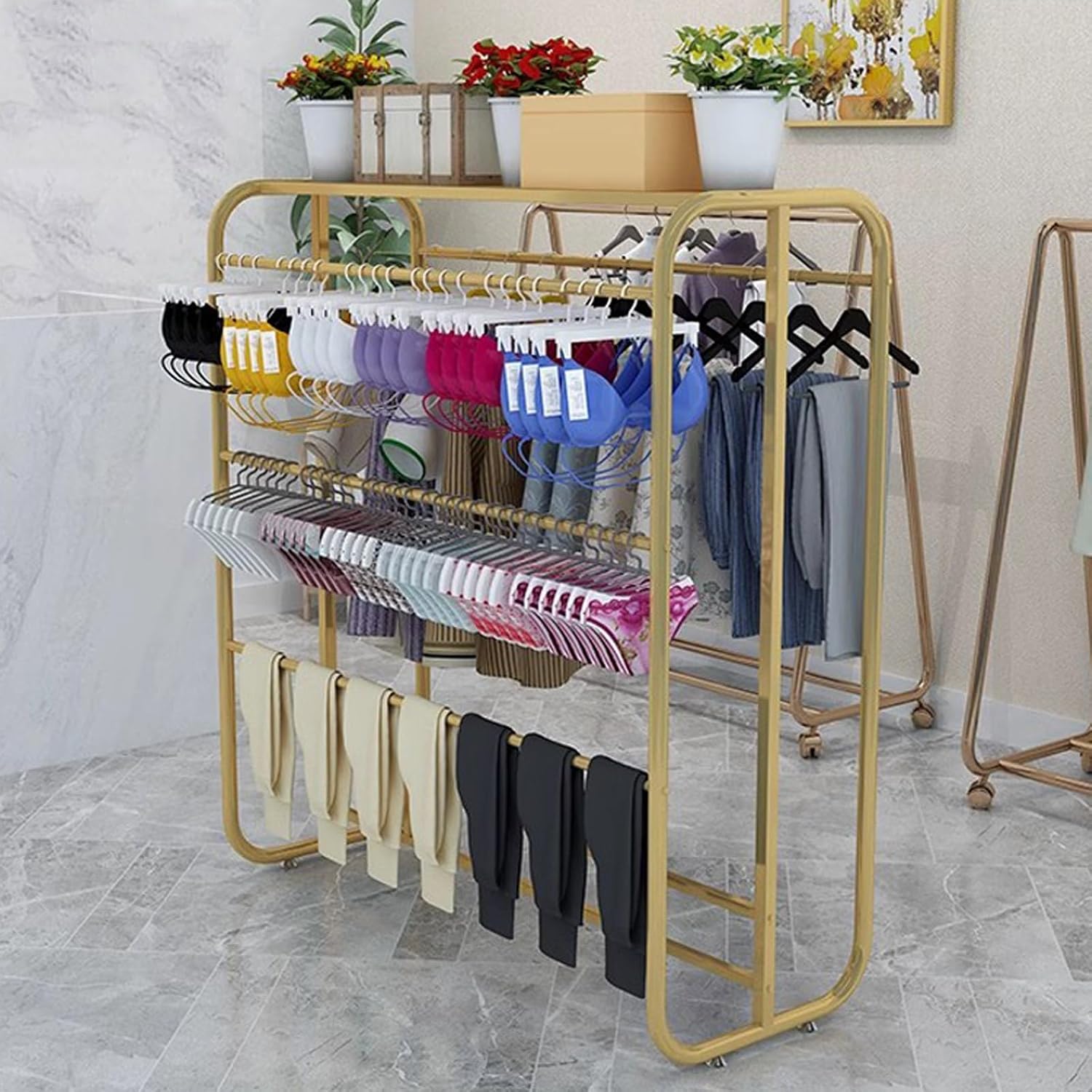 4-Tier Underwear Display Stands, Wrought Iron Floor-Standing Display Stand, Garment Racks with Top Storage Shelf and Hanging Bar, for Bag Skirts Socks Panties Shorts Underwear Bra