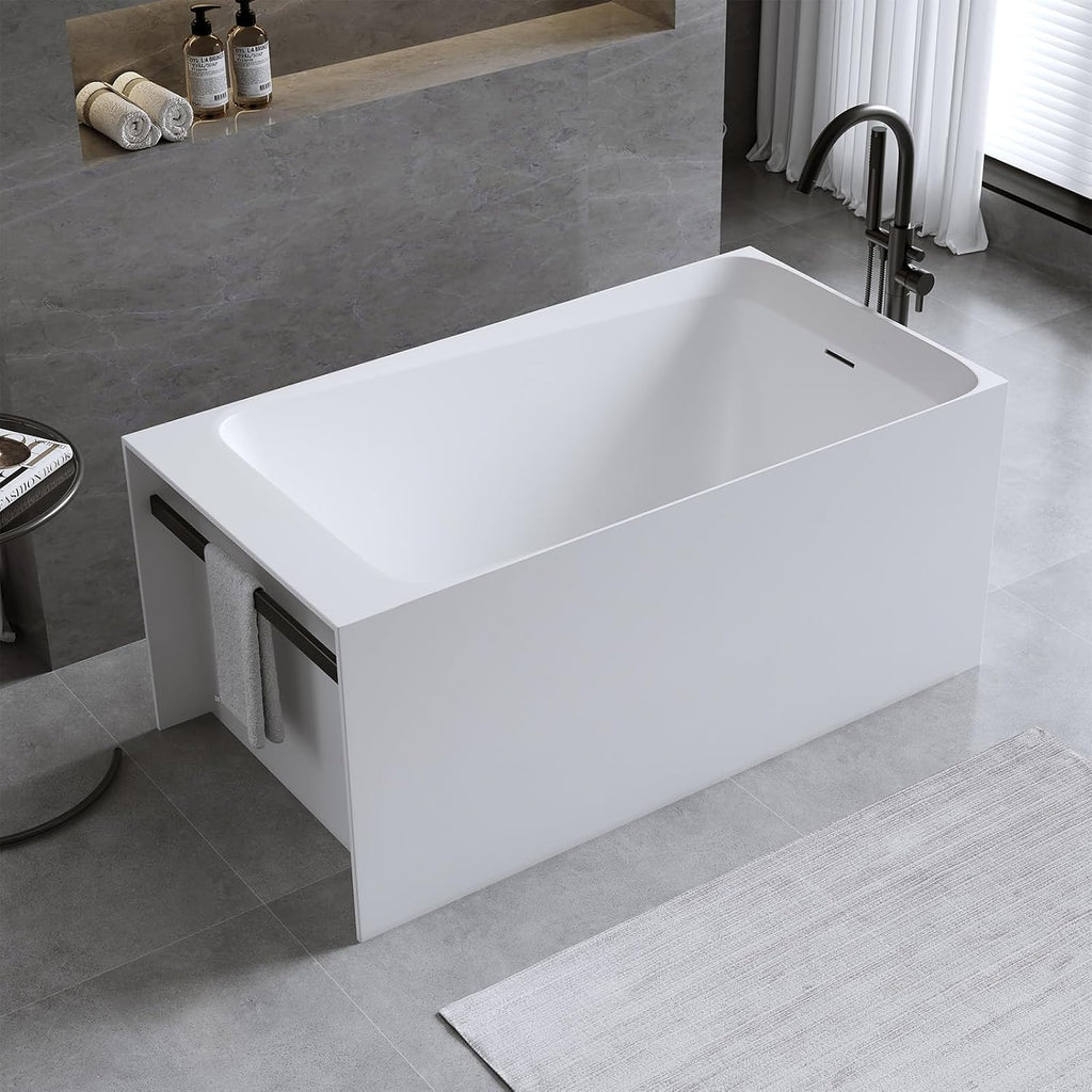 51'' Freestanding Bathtub for Adult, Contemporary Resin Stone Soaking Bathtub Solid Surface Modern Stand Alone Tub with Overflow and Pop-up Drain, Japanese soaking tub White (Rectangular)