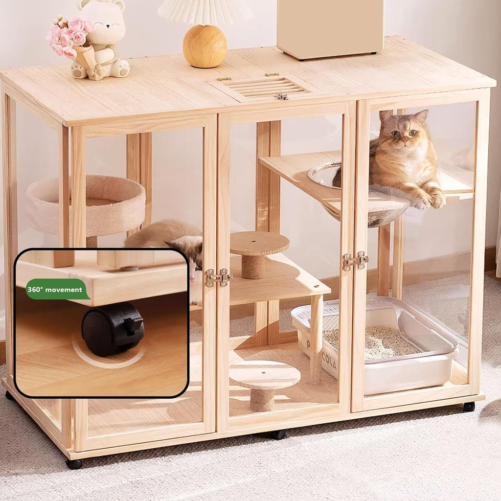 Cat Villa Wooden Cat Cage 4 Features Braked Casters and A Top Skylight Magnetic Cabinet Doors Suitable for 1-2 Cats Top Storage Space Cat Condo(60 * 60 * 155cm)