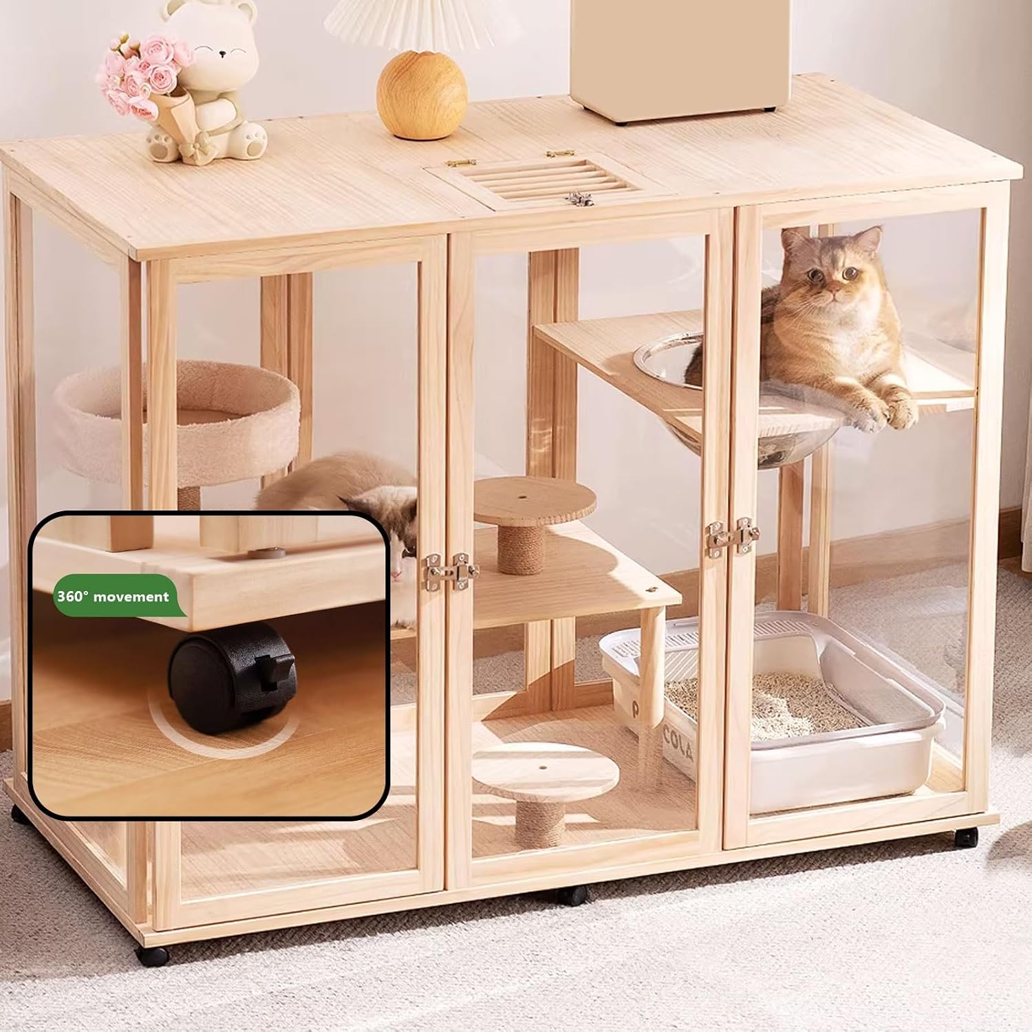 Cat Villa Wooden Cat Cage 4 Features Braked Casters and A Top Skylight Magnetic Cabinet Doors Suitable for 1-2 Cats Top Storage Space Cat Condo(60 * 60 * 155cm)
