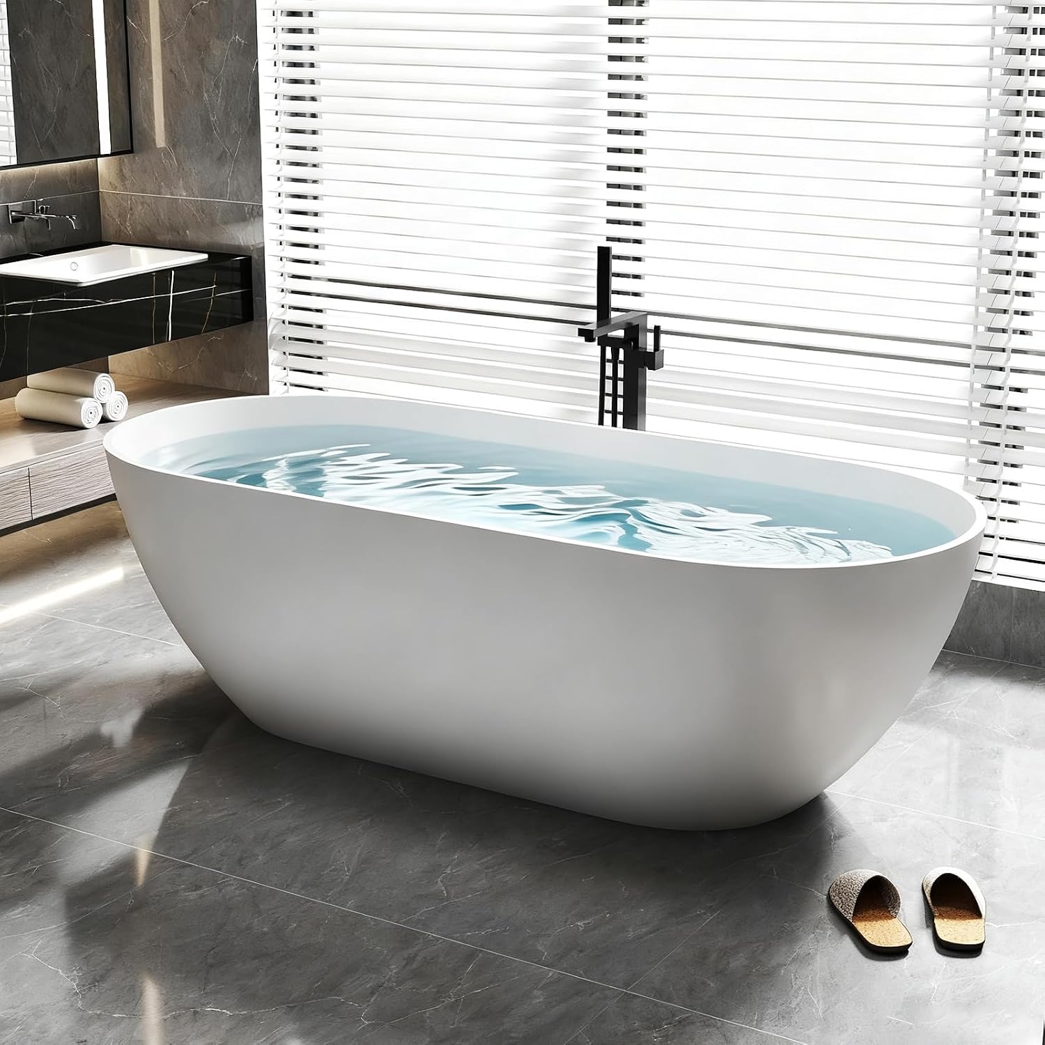 Zevemomo 69 Inch Solid Surface Freestanding Bathtub, Oval Shaped Soaking Stone Resin Bath Tub with Brushed Overflow and Drain, Matte White Stand Alone Bathtub, cUPC Certified