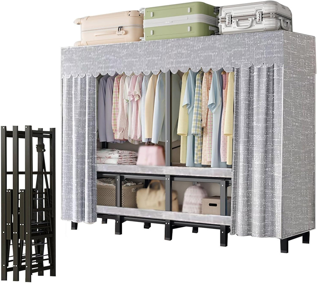 Heavy Duty Garment Shelf with Fabric Cover, Portable Foldable Wardrobe Closet Rack, Freestanding Armoires Clothes Storage Organizer Shelves with 2 Hanging Rods, Load 2000 Lb